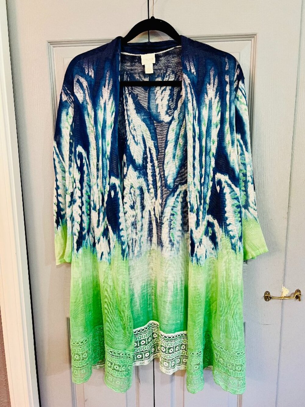 Chicos Blue Green Ombre Ikat Crochet Lace Hem Open Front Cardigan Size 3 XL